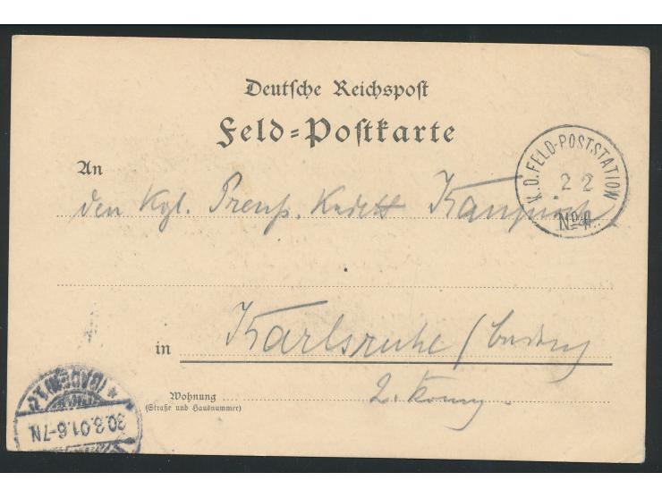 Stempel  K. D. Feld-Poststation No. 4  2.2.(01) auf Feldpost-Vordruckkarte nach Karlsruhe, geschrieben in  "Peitungfort 1,  1