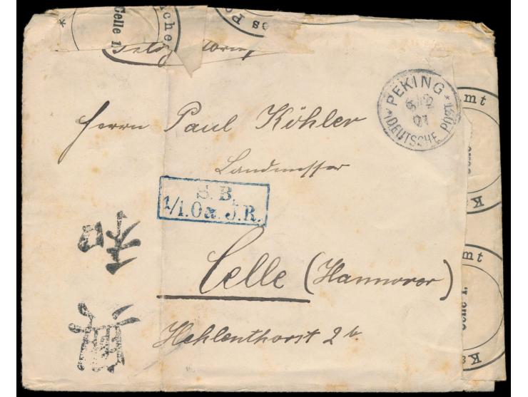 Feldpostbrief mit Stempel  Peking  6.2.01 nach Celle, blauer R2 S.B. 1/1. Oa. J.R., rückseitig handschriftliche Absenderangab