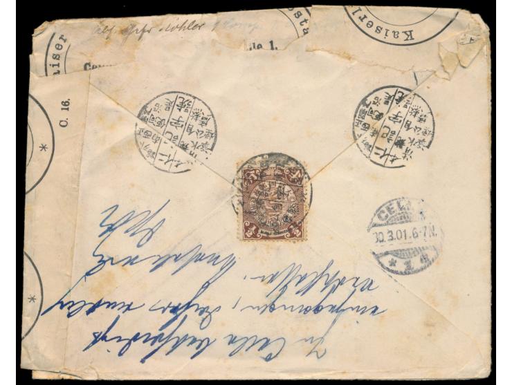 Feldpostbrief mit Stempel  Peking  6.2.01 nach Celle, blauer R2 S.B. 1/1. Oa. J.R., rückseitig handschriftliche Absenderangab