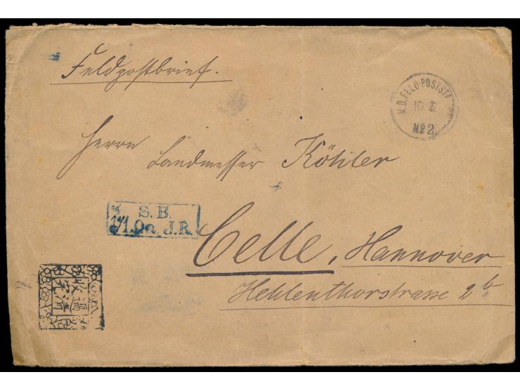 Feldpostbrief mit Stempel  Peking  17.2.01 nach Celle, blauer R2 S.B. 1/1. Oa. J.R., rückseitig handschriftliche Absenderanga