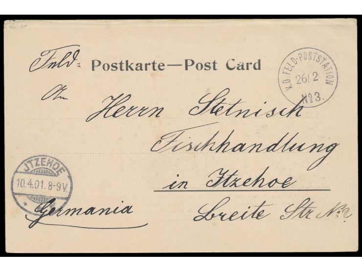 Stempel  K. D. Feld-Poststation No. 3  26.2.(01)  in Yangtsun  auf Ansichtskarte "Auf dem Perron des Bahnhofs in Tientsin vor
