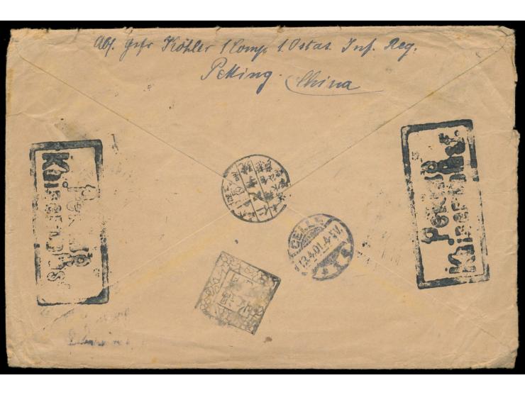 Feldpostbrief mit Stempel  Peking  4.3.01 nach Celle, R2 S.B. 1/1. Oa. J.R., rückseitig handschriftliche Absenderangabe "Gefr