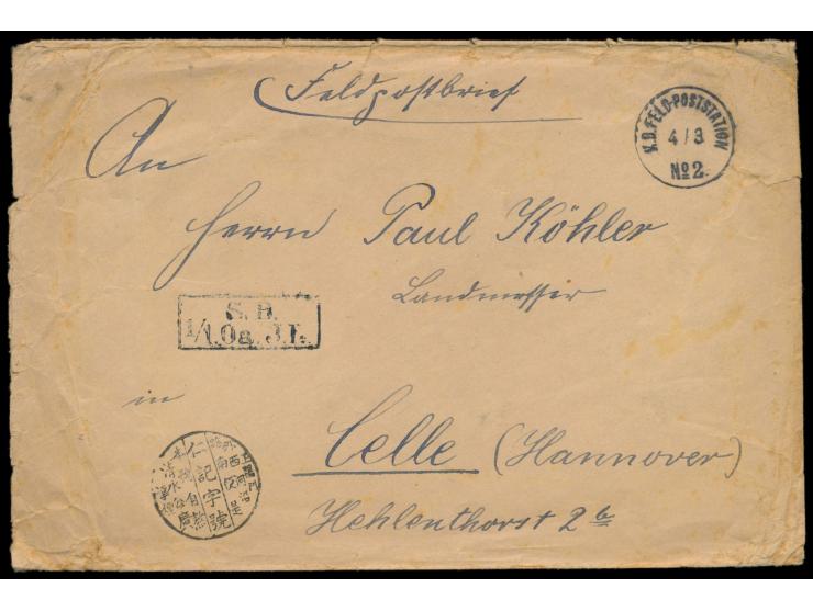 Feldpostbrief mit Stempel  Peking  4.3.01 nach Celle, R2 S.B. 1/1. Oa. J.R., rückseitig handschriftliche Absenderangabe "Gefr