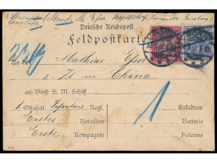20 Pf. und 80 Pf. auf Feldpost-Vordruckkarte als Paketadresse für ein Feldpostpaket nach China, Stempel Bonn 30.3.01, handsch