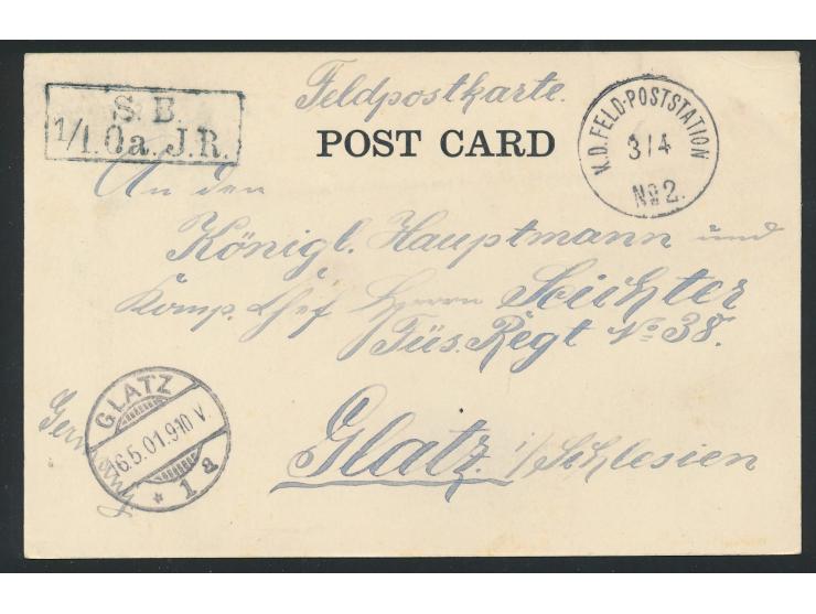 Stempel  K. D. Feld-Poststation No. 2  3.4.(01) und schwarzer R2  S. B. / 1/1. Oa.J.R.  auf Ansichtskarte  Peking  nach Glatz