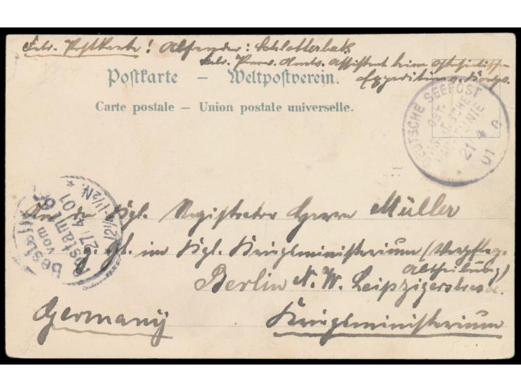 Stempel Deutsche Seepost  Ost-Asiatische  Hauptlinie * e  21.4.01, Dampfer Hamburg in Port Said, auf dekorativer Litho-Ansich