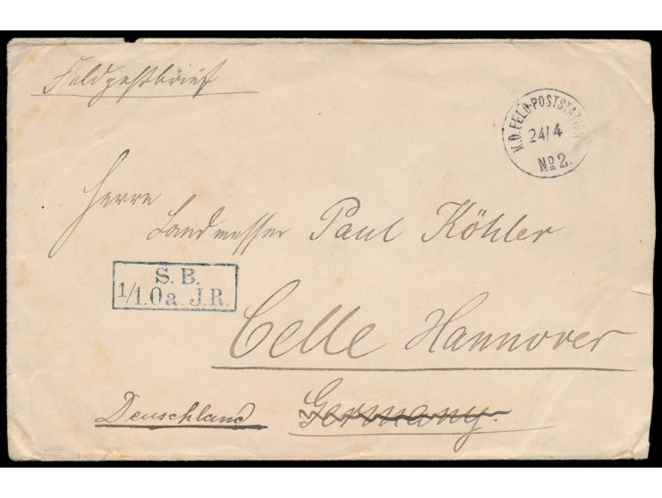 Feldpostbrief mit Stempel  Peking  24.4.01 nach Celle, blauer R2 S.B. 1/1. Oa. J.R., untergebracht im  Kaiserpalast , rücksei