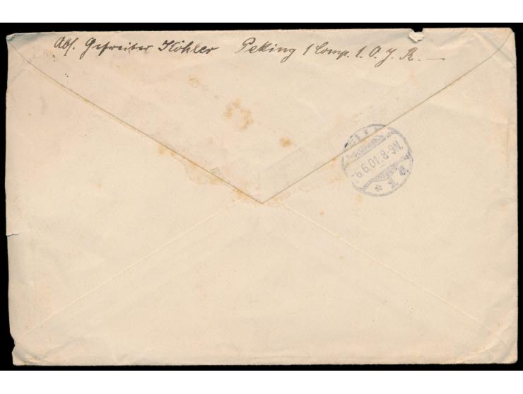 Feldpostbrief mit Stempel  Peking  24.4.01 nach Celle, blauer R2 S.B. 1/1. Oa. J.R., untergebracht im  Kaiserpalast , rücksei