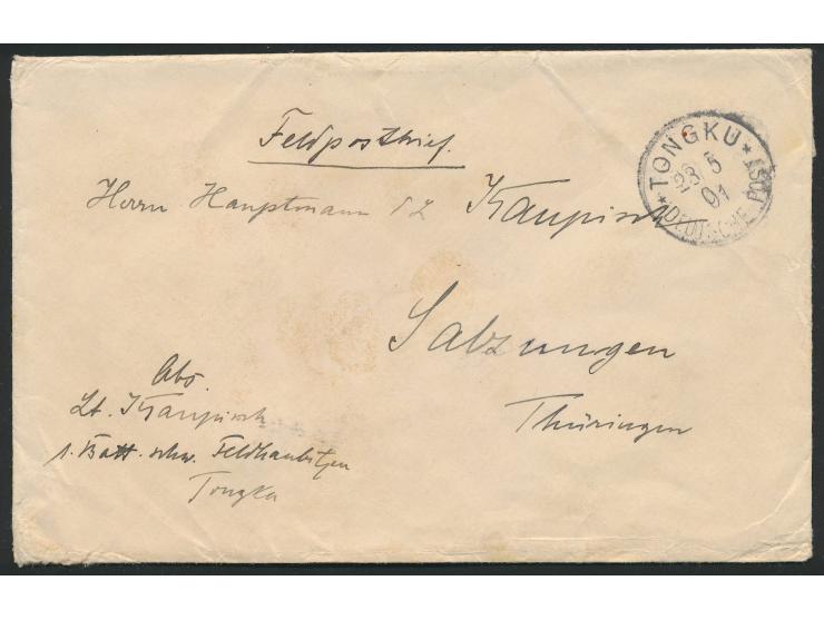 Feldpostbrief mit Stempel  Tongku  23.5.01 nach Deutschland, rückseitig zwei rote  Lacksiegel "Ostas. Exped. Korps 1. Batt. s