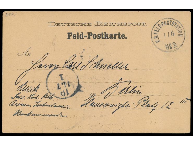 Stempel &nbsp;K. D. Feld-Poststation No. 2 &nbsp;1.6.(01) in Peking auf Feldpost-Vordruckkarte mit rückseitig ganzflächigem &