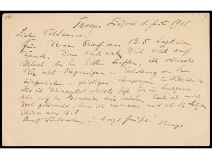 Stempel  Tongku  3.7.01 auf Feldpost-Vordruckkarte nach Karlsruhe, vorderseitig Absenderangabe  ... Taku "Südfort",  Ankunfts