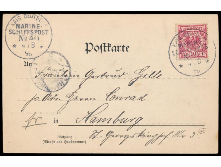 Stempel  MSP No. 40  4.8.98,  S.M.S. Deutschland  auf der Ostasiatischen Station, Ansichtskarte "Hauptstrasse in Tsimo", gesc