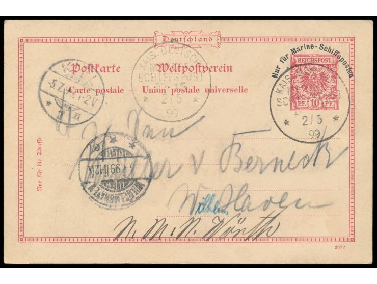 Stempel MSP No. 15 22.5.99, S.M.S. Kaiserin Augusta in Tschifu, zwei Abschläge (Datum-Fehleinstellung 2.5.99, geschrieben am 
