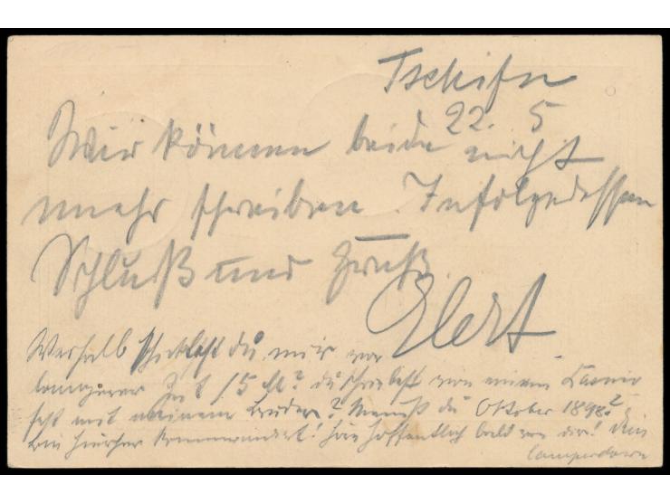 Stempel MSP No. 15 22.5.99, S.M.S. Kaiserin Augusta in Tschifu, zwei Abschläge (Datum-Fehleinstellung 2.5.99, geschrieben am 