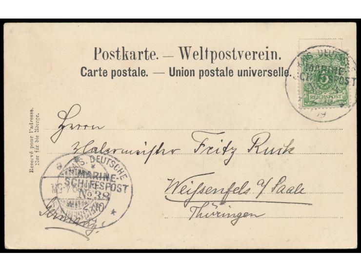 Stempel  MSP No. 38  2.10.99,  S.M.S. Gefion  in Tsingtau, Frankatur Dt. Reich 5 Pf., Ansichtskarte "Chinesische Frau mit Kin
