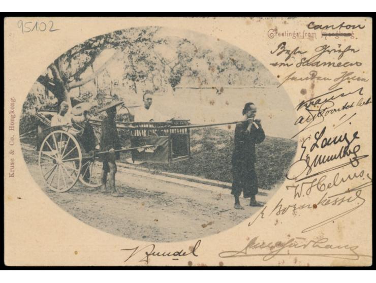 China 2 C.  mit Stempel  Canton  11.6.00 auf Ansichtskarte "Greetings from Hongkong" an die Offiziersmesse von  S.M.S. Iltis 