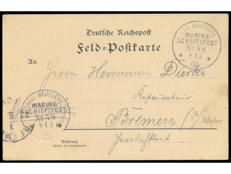 Stempel  MSP No. 48  8.8.00,  Dampfer Aachen,  I. Transpoststaffel, zwei Abschläge auf Feldpost-Vordruckkarte nach Bremen, An