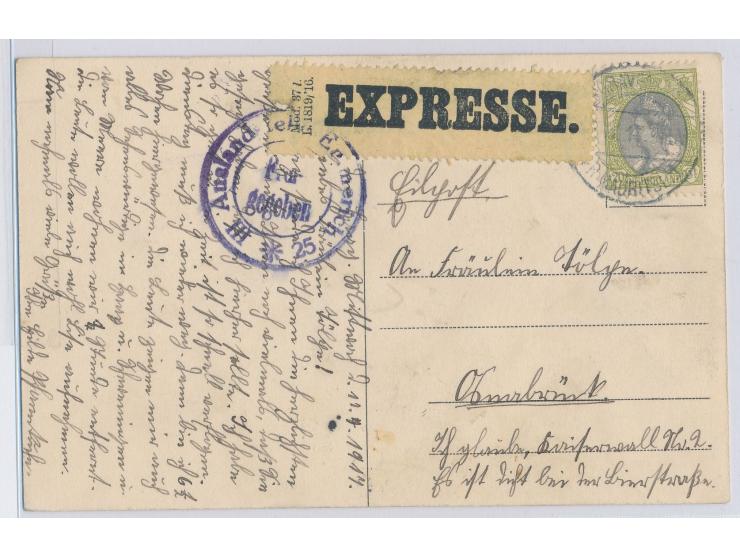 Einzelfrankatur Königin Wilhelmina 20 C. auf  Auslands-Express-Karte  nach Osnabrück, Stempel  s´Gravenhage  11.4.1917, Zensu
