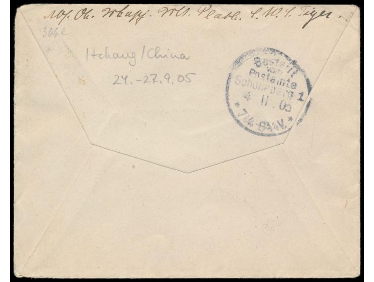 Stempel  MSP No. 44  25.9.05,  S.M.S. Tiger  während der Liegezeit  in Itschang,  zwei Abschläge auf Brief mit Dt. Reich 10 P