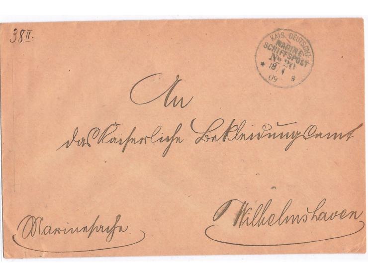 Stempel  MSP No. 20  18.1.09,  S.M.S. Iltis  während der 12. Yangtse-Reise in  Hankau,  Dienstbrief "Marinesache nach Wilhelm