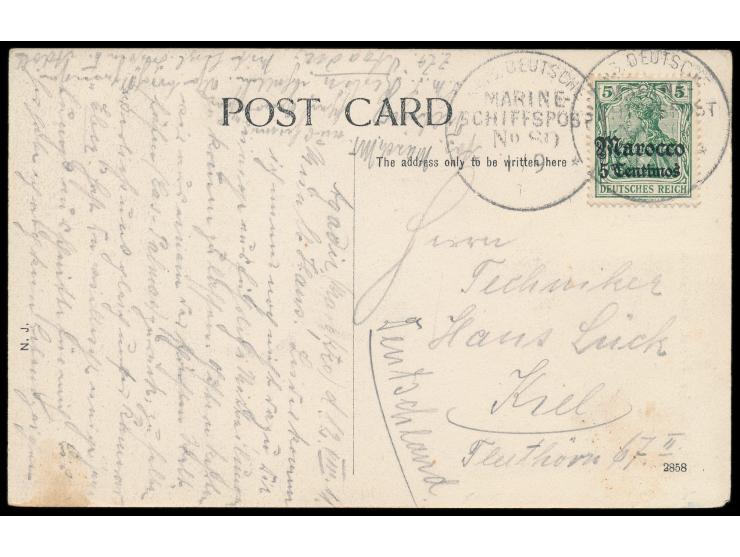 Stempel  MSP No. 80  1.9.11,  S.M.S. Eber,  auf Ansichtskarte von Marrakesch, geschrieben in  Agadir 12.8.1911,  während der 