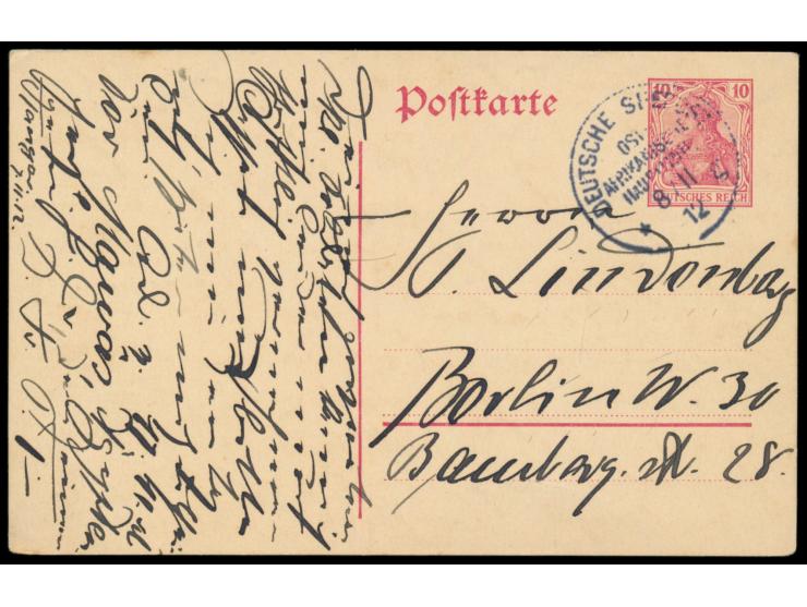 Stempel Deutsche Seepost  Ost-Afrikanische Hauptlinie g  8.11.12,  Dampfer Tabora   in Tanger, auf Ganzsache 10 Pf., geschrie