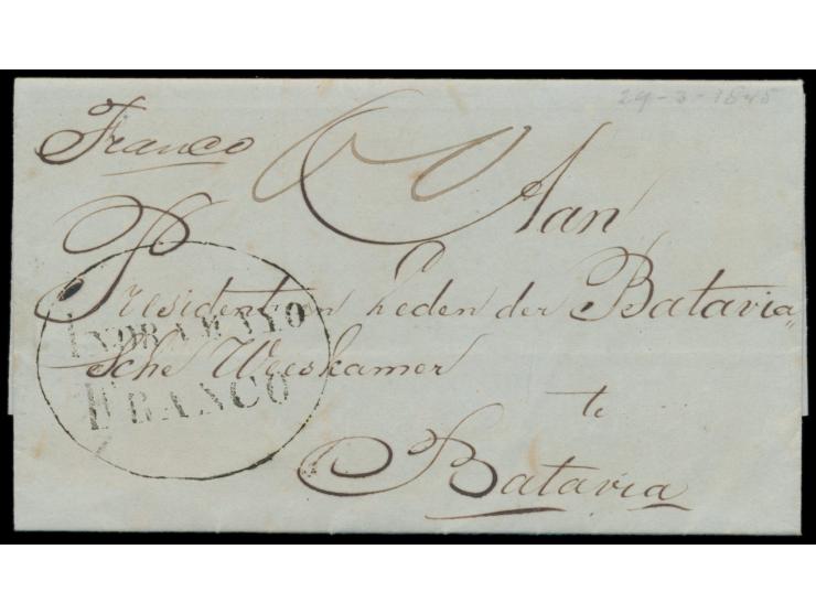 Niederländisch-Indien,  1820 - 1862, Lot von 4 Belegen Batavia, 3 x mit Franco-Ovalstempeln von Buitenzorg, Cheribon, Indrama