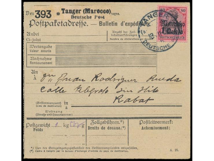 Einzelfrankatur 1 Pes. auf  Paketkarte  mit Stempel  Tanger (Marokko) b  13.11.12 nach Rabat
