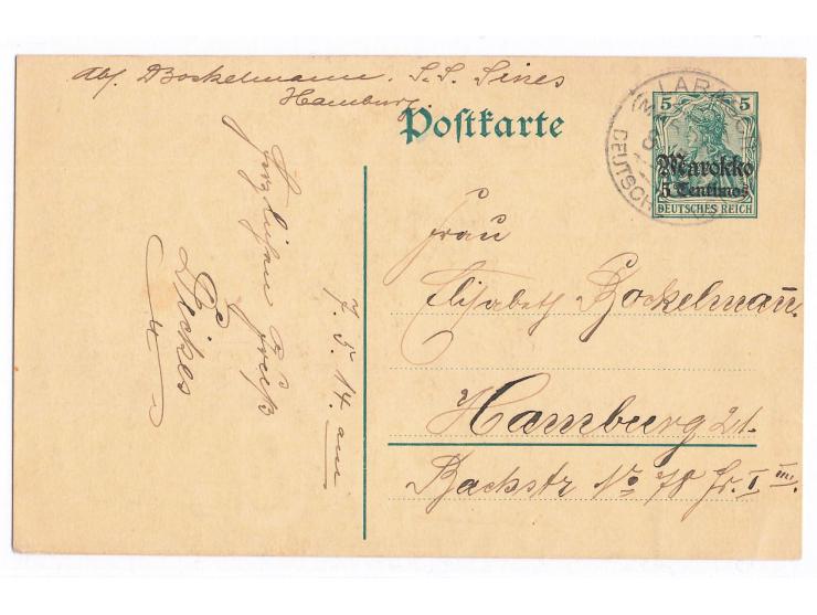 Stempel  Larasch (Marokko)  8.5.14 auf Ganzsache 5 C. nach Hamburg, Grußtext
