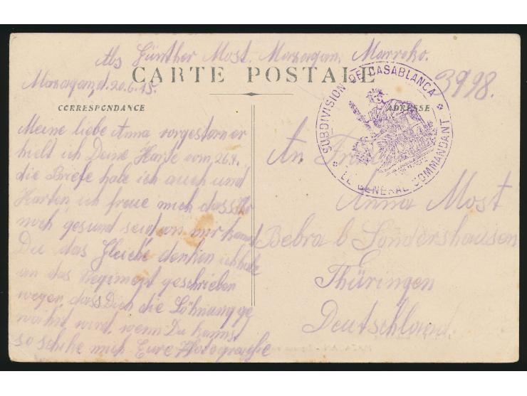 Ansichtskarte eines Deutschen im &nbsp;Kriegsgefangenenlager Mazagan &nbsp;mit violettem Zensursiegel &quot;Subdivision de Ca