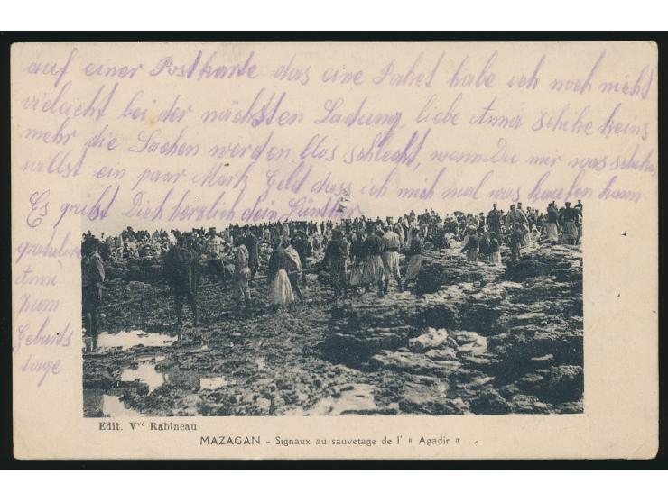 Ansichtskarte eines Deutschen im &nbsp;Kriegsgefangenenlager Mazagan &nbsp;mit violettem Zensursiegel &quot;Subdivision de Ca