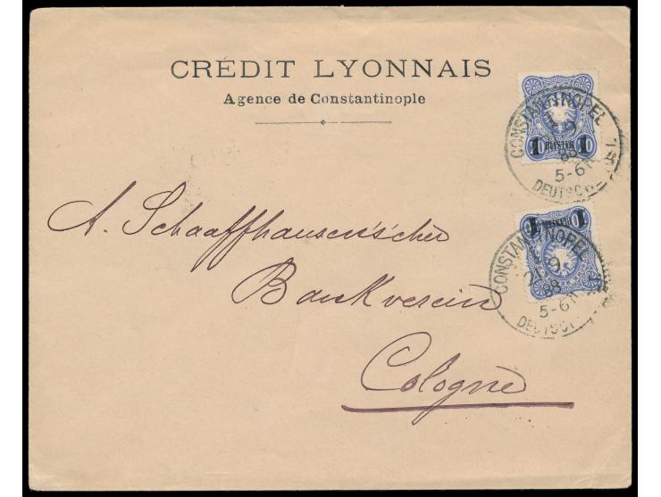 2 x 1 Pia. auf Brief 2. Gewicht (16 bis 30 g) der Credit Lyonnais nach Köln, Stempel  Constantinopel 1  21.9.88, Ankunftstemp
