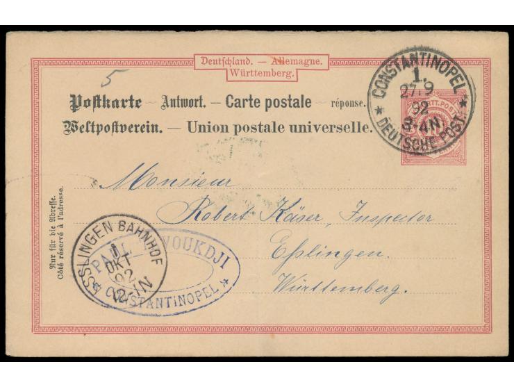 Württemberg-Ganzsachen-Antwortteil  10 Pf. mit Stempel  Constantinopel 1  27.9.92 zurück nach Württemberg, Ankunftstempel Ess