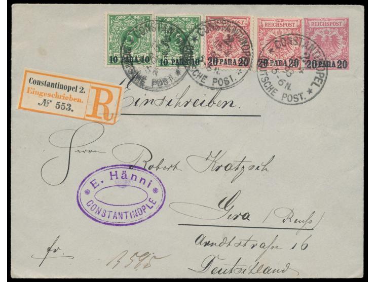 Ganzsachenumschlag 20 Para mit Zusatzfrankatur 2 x 20 Para und 2 x 10 Para als  Einschreibbrief  2. Gewicht nach Deutschland,