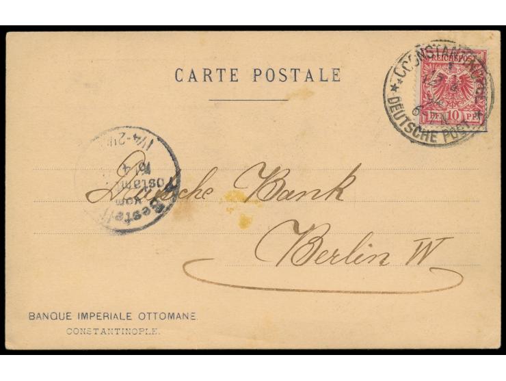 Mitläufer 10 Pf.  auf Postkarte der "Banque Imperiale Ottomane" nach Berlin, Stempel  Constantinopel 1  12.4.94, Ankunftstemp