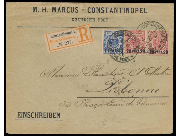 2 x 20 Pa. und 1 Pia. auf  Einschreibbrief  mit Stempel  Constantinopel 1  13.8.94  nach Portugal,  R-Zettel Einfeldt Nr. 2.2
