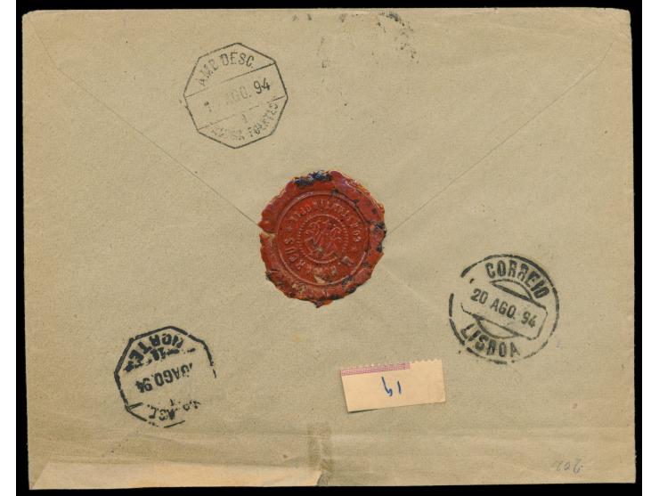 2 x 20 Pa. und 1 Pia. auf  Einschreibbrief  mit Stempel  Constantinopel 1  13.8.94  nach Portugal,  R-Zettel Einfeldt Nr. 2.2