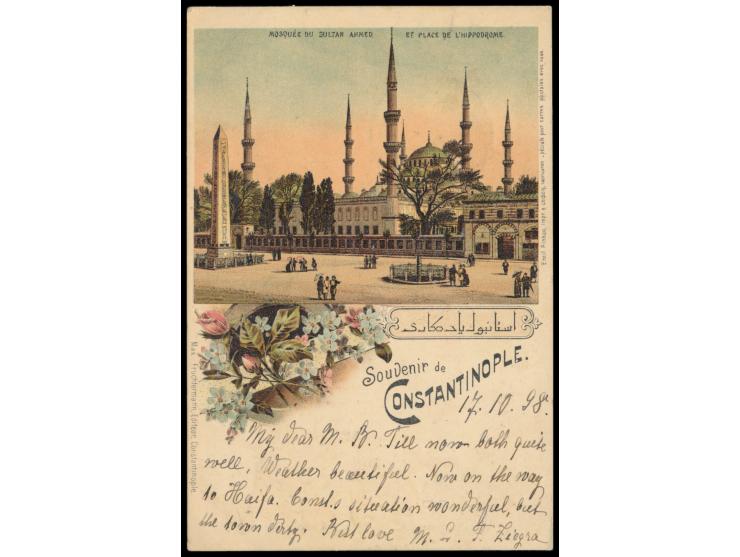 dekorative mehrfarbige Litho-Ansichtskarte "Souvenir de Constantinople - Mosquée du Sultan Ahmed ...", Verlag Max Fruchterman