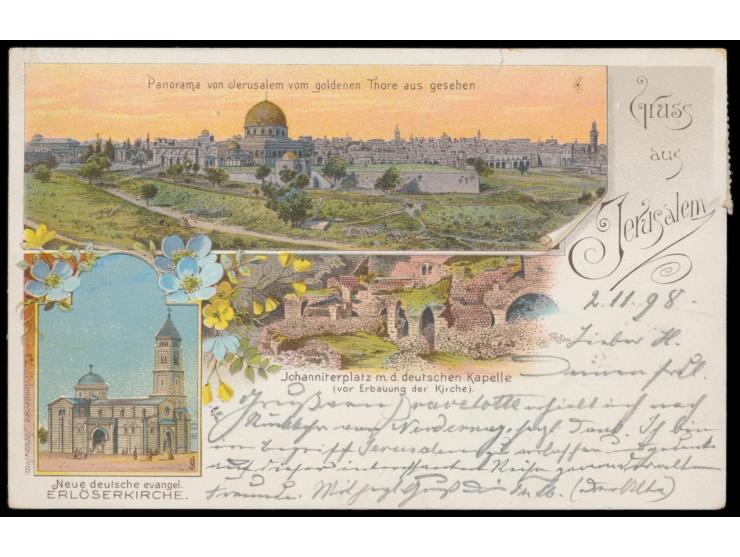 dekorative mehrfarbige Litho-Ansichtskarte "Gruss aus Jerusalem - Panorama / Erlöserkirche / Johanniterplatz", Verlag L. Scho
