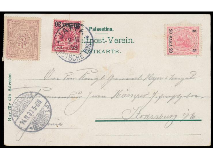 dekorative mehrfarbige Litho-Ansichtskarte "Gruss aus Jerusalem - Panorama / Erlöserkirche / Johanniterplatz", Verlag L. Scho