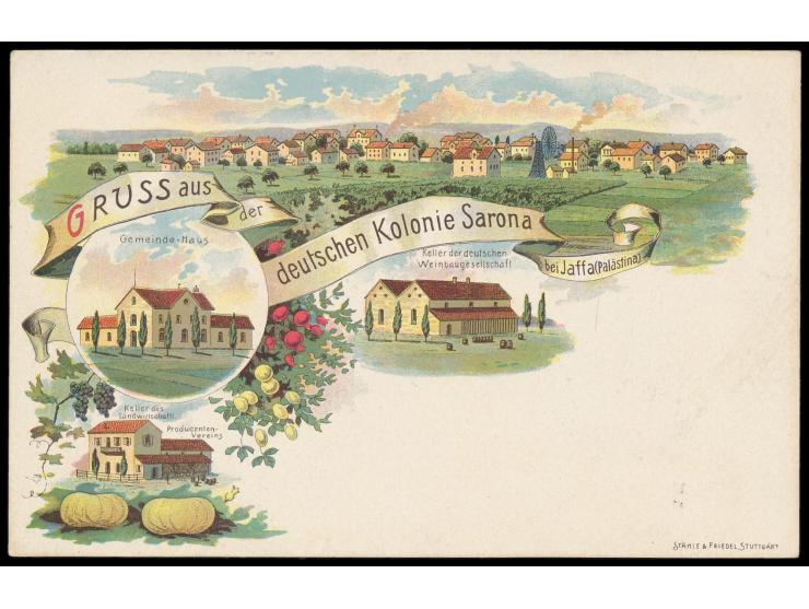 seltene Vierbild-Litho-Ansichtskarte  "Gruss aus der deutschen Kolonie Sarona bei Jaffa (Palästina),  Verlag Stähle &amp; Fri