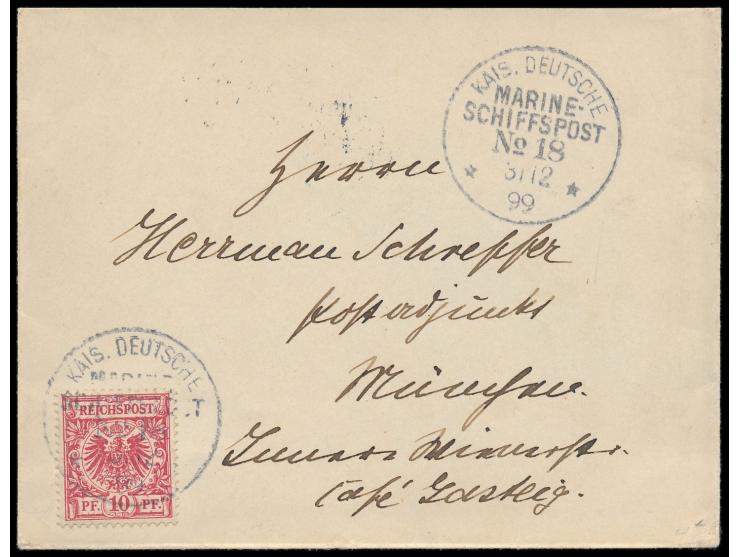 Stempel  MSP No. 18  31.12.99,  S.M.S. Gneisenau,  während der Mohamedaner-Unruhen  in Beirut,  zwei Abschläge auf Brief nach