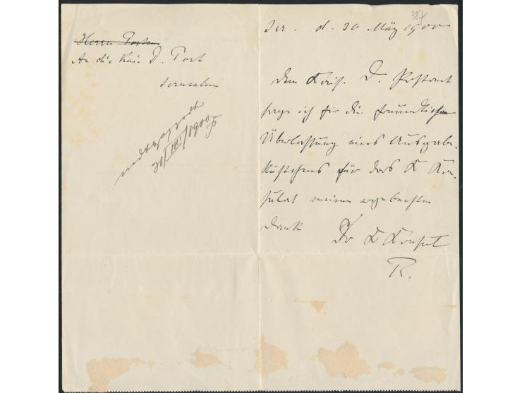 gedruckte Mitteilung des Kaiserlich Deutschen Postamts in  Jerusalem  vom 30.3.1900 über die Einrichtung von  "Briefausgabekä