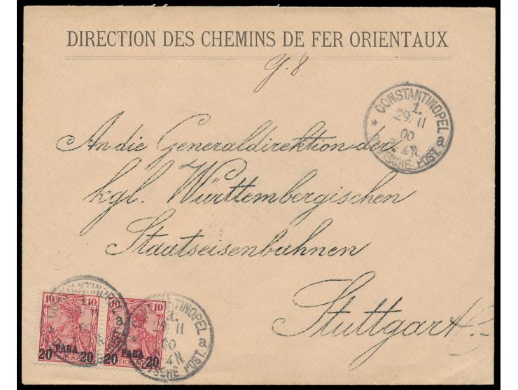 Paar 20 Pa. auf Brief mit vorderseitigem Absendereindruck  "Direction des Chemins de Fer Orientaux"  nach Stuttgart, Stempel 