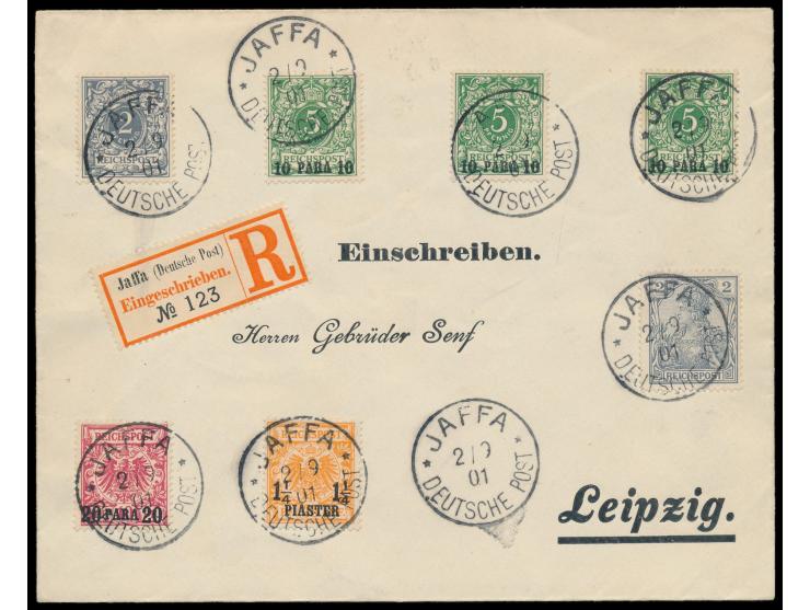 3 x 10 Pa., 20 Pa. und 1 1/4 Pia. mit Mitläufer 2 Pf. Krone-Adler und 2 Pf. Germania auf  Einschreibbrief,  jede Marke einzel