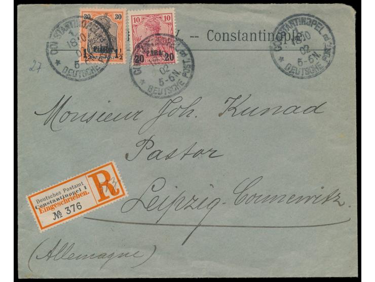20 Para und 1 1/2 Pia. auf  Einschreibbrief  mit Stempel  Constantinopel 1 a  18.10.02 nach Leipzig, R-Zettel Einfeldt Nr. 6,