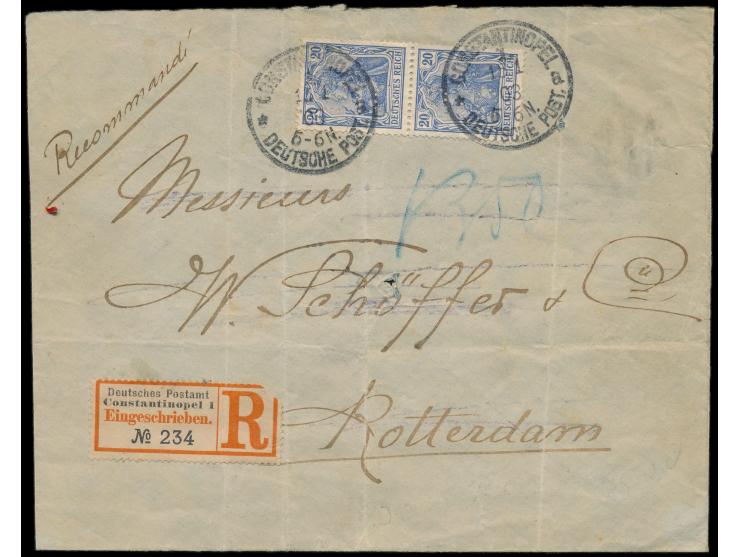 senkrechtes Paar  Mitläufer  20 Pf. mit  Firmenlochung "BIO"  (Banque Impériale Ottomane) auf Einschreibbrief nach Rotterdam,