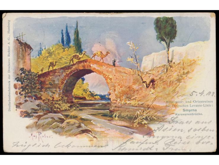 Mischfrankatur D.P. Türkei 10 Para mit Türkei 10 Para auf Ansichtskarte mit Stempel  Smyrna  6.4.03 und T.-Stempel, Nachgebüh