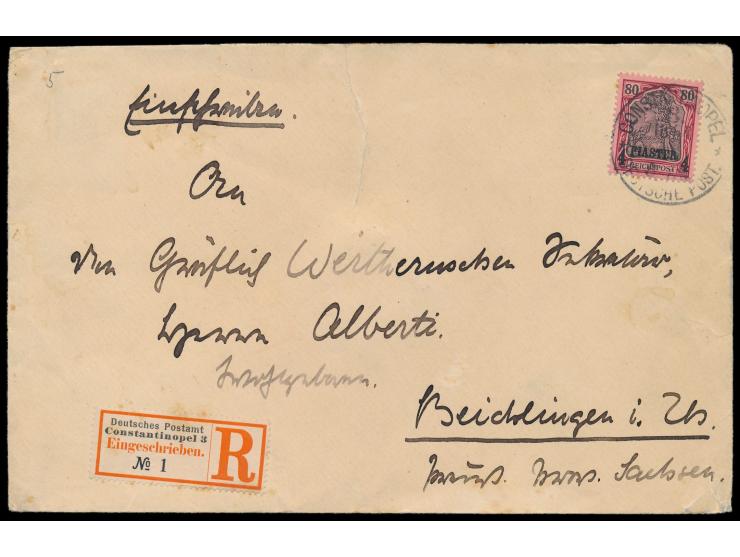 Einzelfrankatur 4 Pia. auf &nbsp;Einschreibbrief &nbsp;3. Gewicht, Stempel &nbsp;Constantinopel 3 &nbsp;16.4.04 nach Deutschl