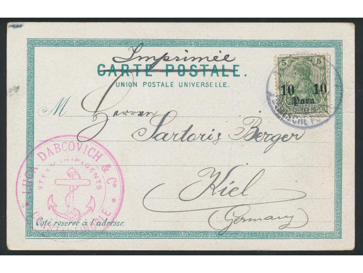 10 Para auf Ansichtskarte Constantinopel (Militär-Parade) mit zugedrucktem Neujahrsgruß als Drucksache nach Kiel, Gitterstemp